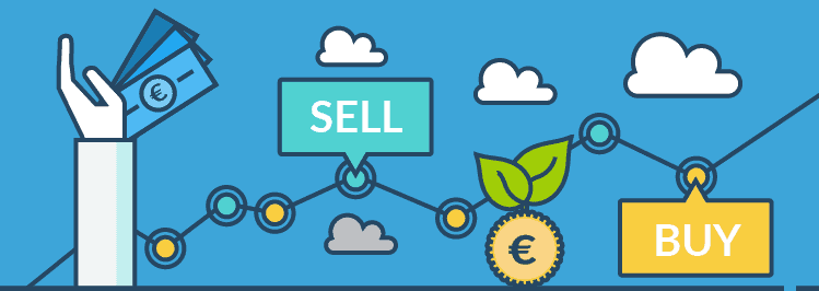 Aktienkurs mit Sell & Buy Sprechblasen